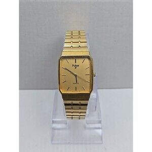 Vintage Pulsar by Seiko V321-5009 Gold Tone Tank Quartz Mens Watch New Battery